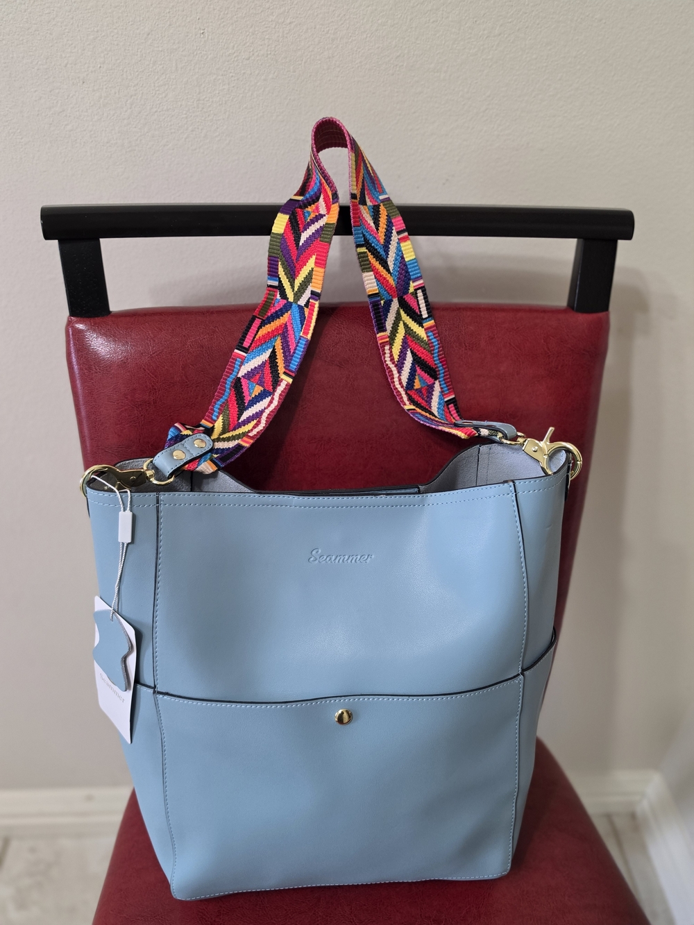 Light Blue Leather Tote with Multicolor Strap